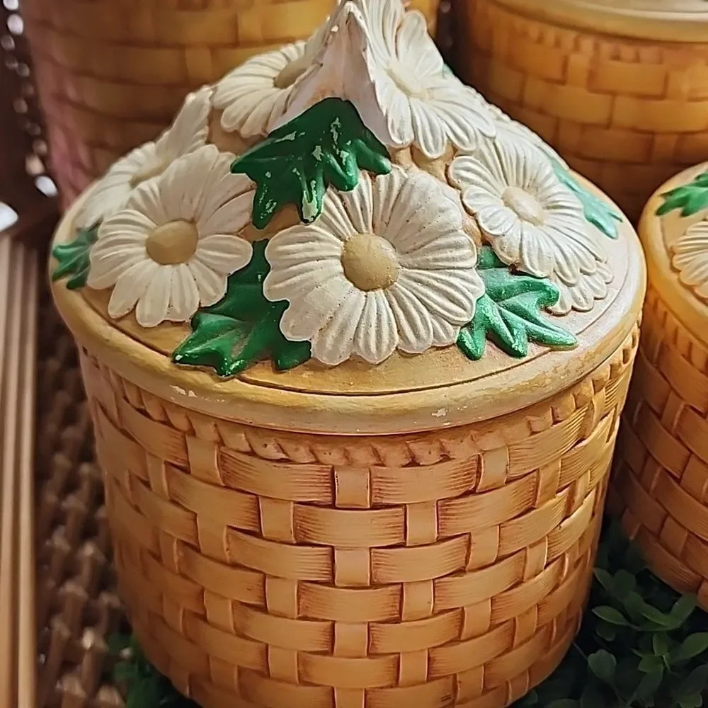 Vintage 70's Set Of 4 Daisy & Basket Weave Ceramic Canisters